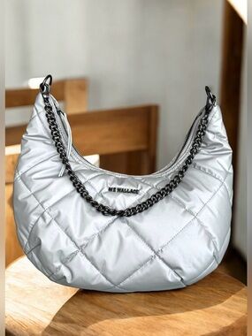 MZ Wallace Madison Quilted Shoulder Bag Metallic Grey Silver